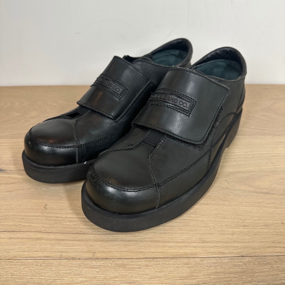Polo Jeans Co Ralph Lauren Loafers Mens Black Leather Chunky Platform Hook Loop